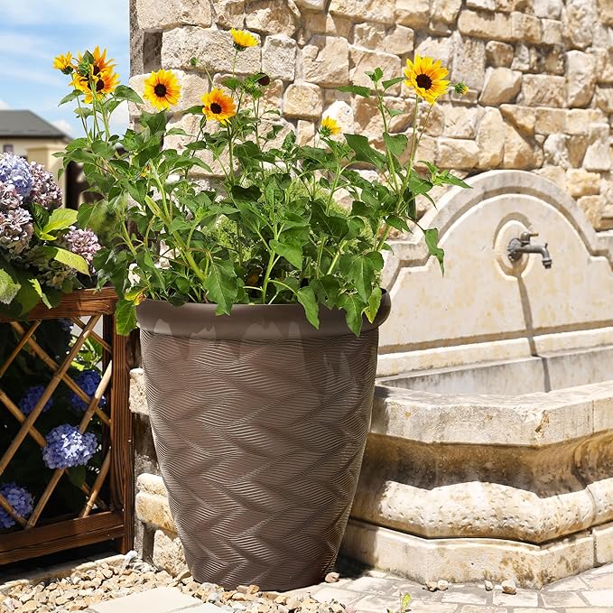 Worth Garden 2-Pack 16" Large Round Planter - Weave Pattern Lightweight Plastic Plant Pot 16" x 17.5" for Indoor Outdoor Use - Decorative Containers for Front Porch Home Yard Deck Patio - Dark Brown