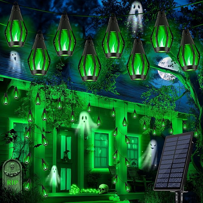 iBaycon Solar Halloween Lights, 42Ft 15 LED Bulbs Flickering Flame String Light, Outdoor Waterproof Solar Flame Lights for Garden Yard Patio Halloween Decorations (Green)