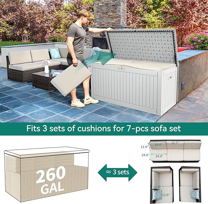 YITAHOME 260 Gallon Extra Large Deck Box, Double-Wall Resin Outdoor Storage Box with Flexible Divider for Patio Cushions Pool Supplies Garden Tools, 1000lbs Load Capacity, Lockable&Waterproof (White)