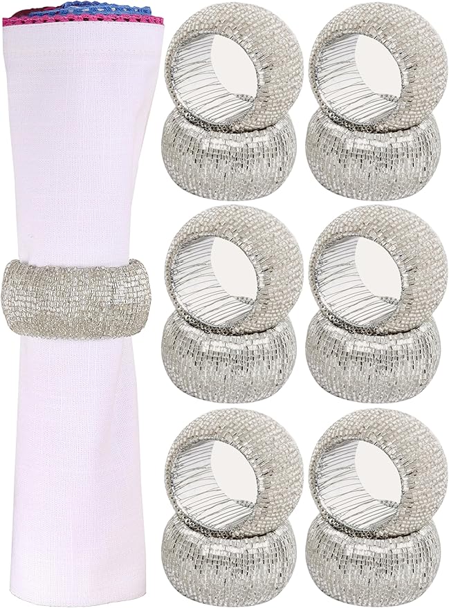 12 Pieces Plastic Bead Napkin Rings - Beaded Napkin Holders for Christmas, Thanksgiving, Holiday Party, Dinner PartyWeddings, Parties, Family Gatherings, and Table Décor(Silver)- ALPHA Living HOME