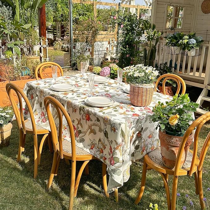 Rectangle Outdoor Tablecloth, Waterproof Table Cloth, Bird Floral Pattern Decorative Fabric Table Cover for Farmhouse, Dining, Picnic, Party, Easter, 60 x 84 Inch, Red Flower