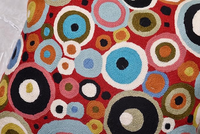 Red Polka Dots Pillow Cover | Reds Contemporary Pillows | Farmhouse Chair Cushion | Modern Outdoor Pillows | Red Throw Chair Pillow | Hand Embroidered Cushions Wool Size - 18x18