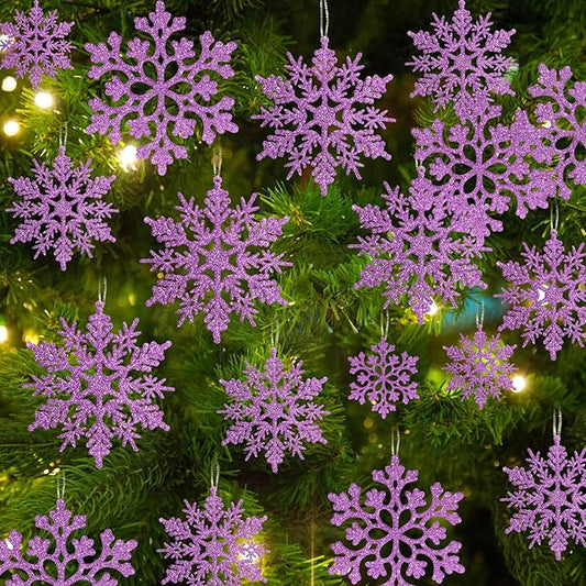 36pcs Christmas Light Purple Snowflake Ornaments，Plastic Light Purple Snow Flakes Hanging Ornaments for Christmas Tree Decor Winter Wonderland Frozen Birthday Party Holiday Home Decor Craft Snowflake