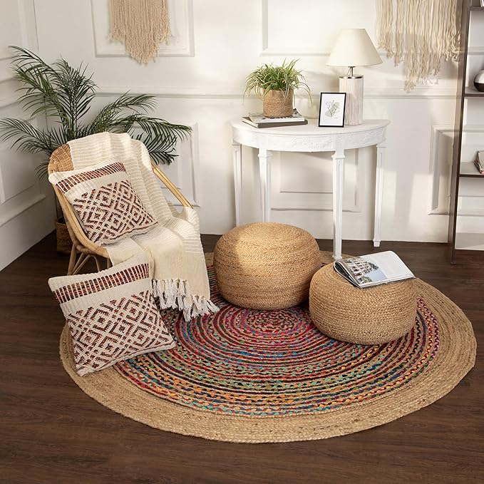 REDEARTH · Jute Circular Jute Pouf Ottoman - Braided Pouffe Accent Sitting Round Footrest for Living Room, Bedroom, Nursery, kidsroom, Patio, Gym; 100% Jute (19.5"x19.5"x14"; Jute Natural)