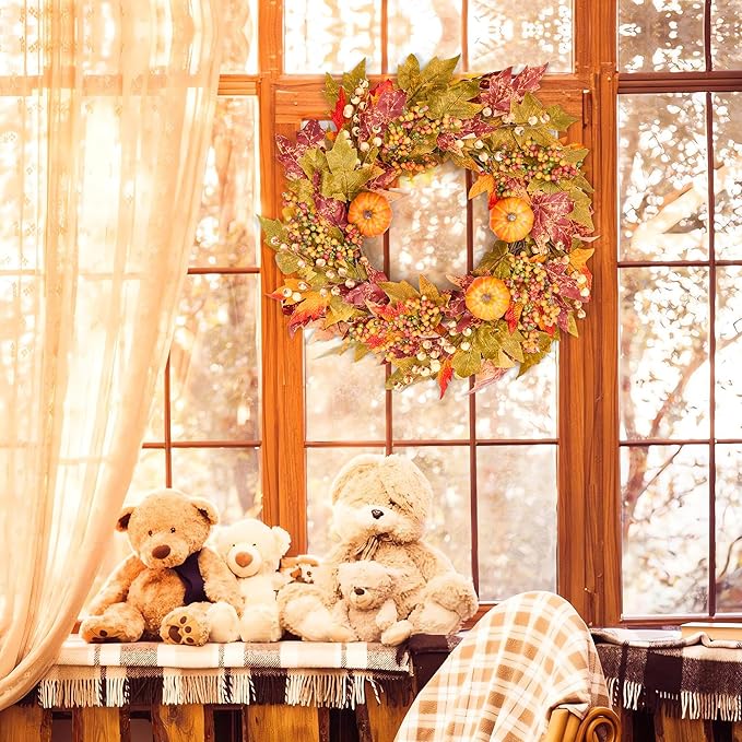 GENMOUS 24 Inch Fall Wreaths for Front Door, Autumn Maple Leaves Wreath for Home Porch Decor, Farmhouse Pumpkin Wreaths for Thanksgiving Halloween Harvest Festival Fall Decoration Outdoor Indoor Home