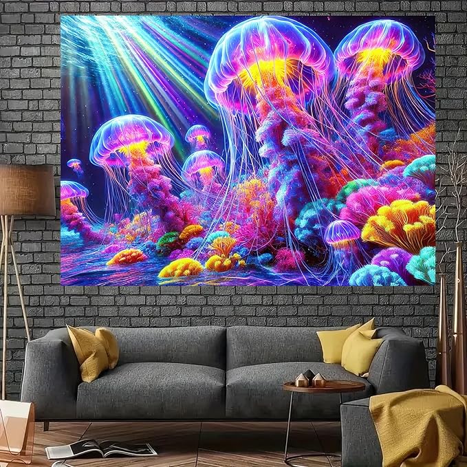 BlissYard Black Light Tapestry UV Reactive Tapestry Glow Tapestry Blacklight Tapestry 78x59 Inches Neon Jellyfish Wall Hanging, Fluorescent Art Decoration with Colorful Sea Life, Oceanic Theme