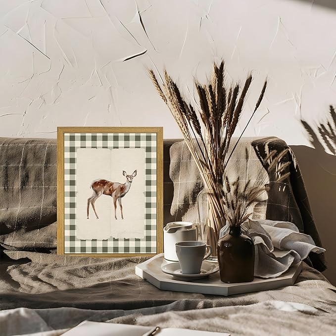 Wood Framed Deer Wall Art Print, Woodland Baby Deer Canvas Poster Wall Decor, Vintage Rustic Green Gingham Farmhouse Animal Picture for Living Room Kitchen Bedroom Nursery Decor, 16x24 inch