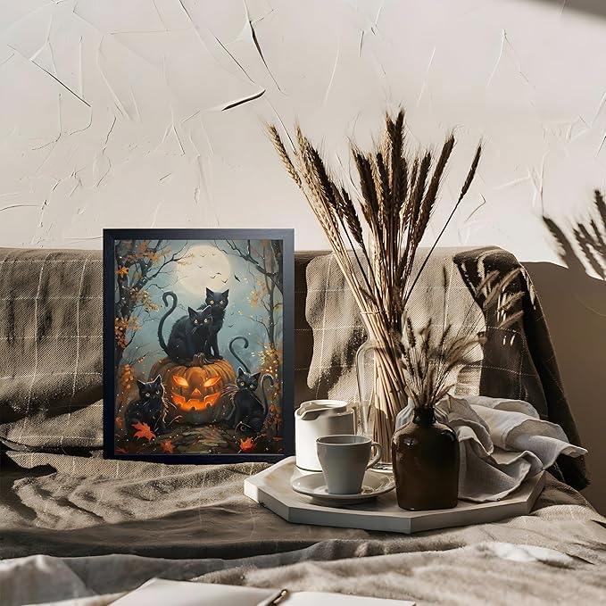 Halloween Black Cat Wall Art, Dark Academia Spooky Pumpkin Poster Wall Decor, Vintage Gothic Witchy Cat Canvas Print, for Bedroom Living Room Aesthetic Decor 8x10 Inch Wood Framed