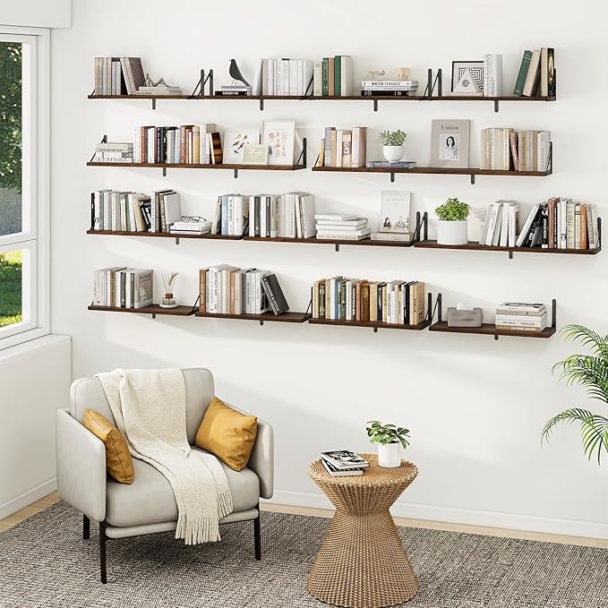 Heimlove 36 Inch Floating Bookshelves Set of 3,Heavy Duty Wall Mounted Bookshelves,Bookshelf for Living Room,Bedroom,Kitchen,Laundry Room Storage & Decor-Walnut Color