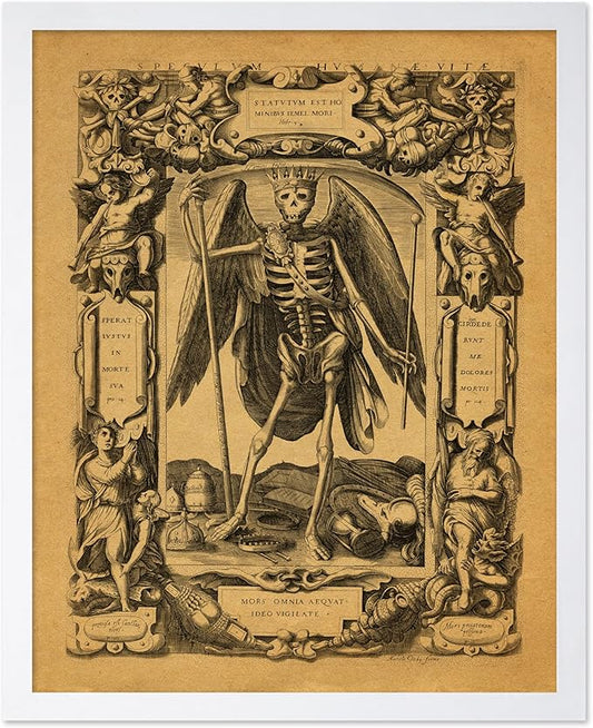 Poster Master Vintage Medieval Poster - Retro Gothic Print - Gift for Artist, Friend - Angel of Death, Memento Mori, Life, Skeleton, Dark - Wall Decor for Home, Living Room, 8x10 White Framed