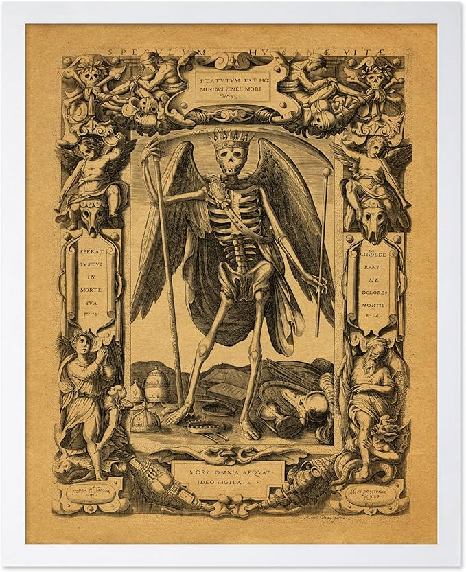 Poster Master Vintage Medieval Poster - Retro Gothic Print - Gift for Artist, Friend - Angel of Death, Memento Mori, Life, Skeleton, Dark - Wall Decor for Home, Living Room, 16x20 White Framed