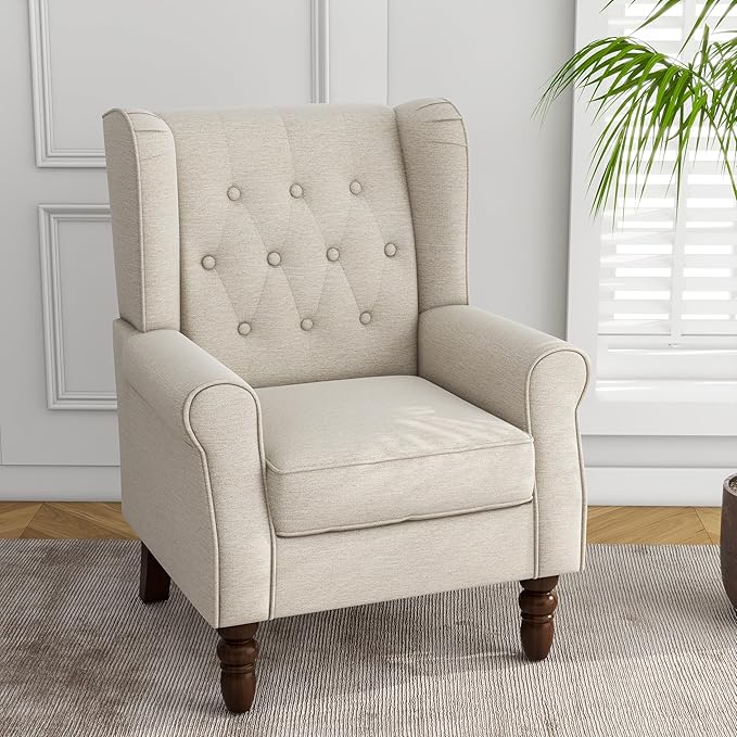 Lumibee High Back Accent Chair,Upholstered Wingback Armchair with Solid Wood Legs for Small Spaces,Comfy Single Sofa Chair for Living Room,Bedroom,Office-Beige