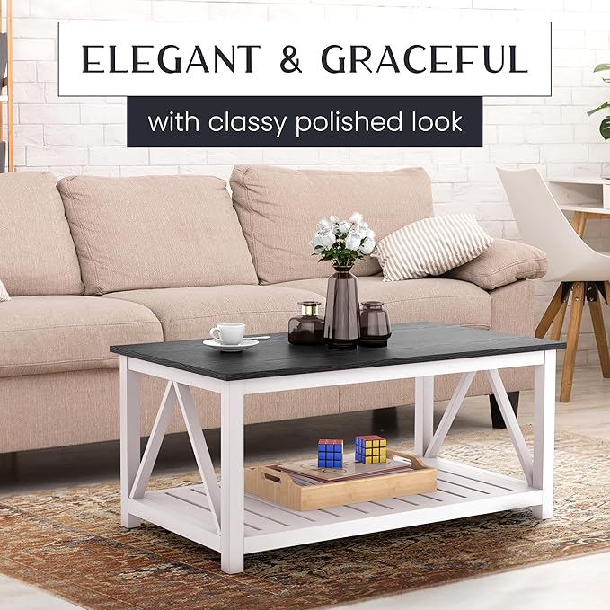 40" Farmhouse Coffee Table | Vintage Rustic Wooden Coffee Table with Lower Shelf for Living Room, Dorm, Office, Bedroom Center Table - Black