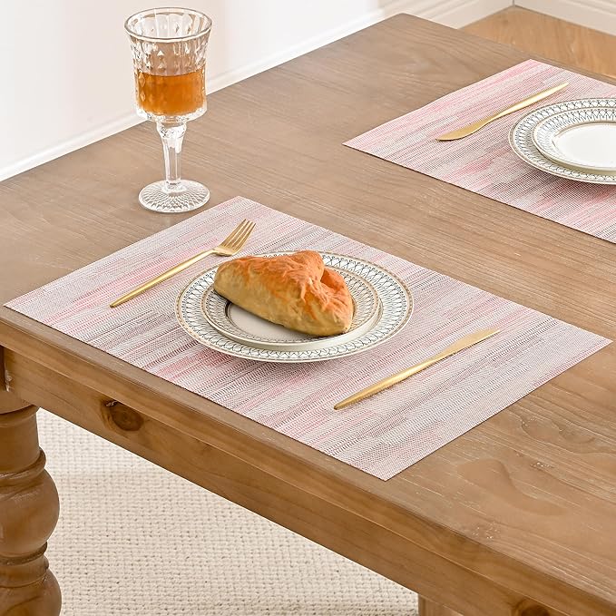 Leetaltree Misty Rose Placemats Set of 4 - Heat Resistant Non-Slip Place mats for Dining Table, Washable Durable PVC Vinyl Woven Table Mats（Misty Rose, 4）