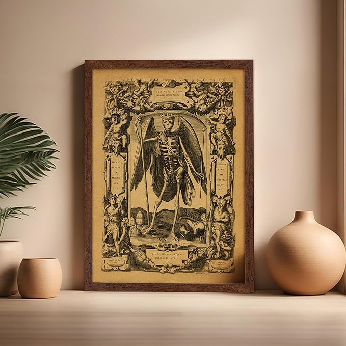 Poster Master Vintage Medieval Poster - Retro Gothic Print - Gift for Artist, Friend - Angel of Death, Memento Mori, Life, Skeleton, Dark - Wall Decor for Home, Living Room, 16x20 Brown Framed