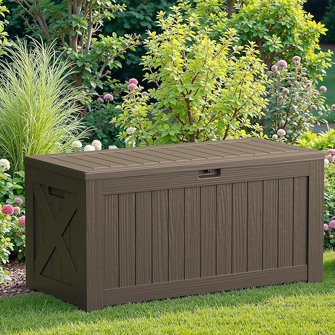JUMMICO 120 Gallon Resin Deck Box, Large Outdoor Storage Box Waterproof & Lockable for Garden, Patio, Pools (Brown)