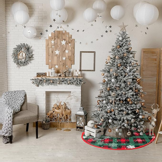 Christmas Tree Skirt Buffalo Plaid Tree Skirt Snowflake Thick Xmas Tree Skirt for Holiday Party Christmas Tree Decorations Indoor Outdoor Red and Green 48 Inch