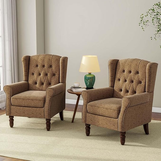 Accent Chair, Upholstered Armchair with Button Tufted High Back & Solid Wood Legs, Comfy Wingback Reading Single Sofa Chair for Small Spaces, Living Room, Bedroom (Brown, Set of 2)