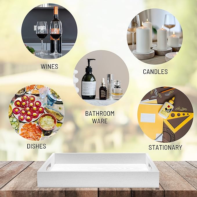 Wood Serving Tray with Handles, Home Decorative Wooden Rectangle Ottoman Decor Platter Vanity Tray for Breakfast Dinner Drinks Kitchen Dining Living Bathroom Restaurants White