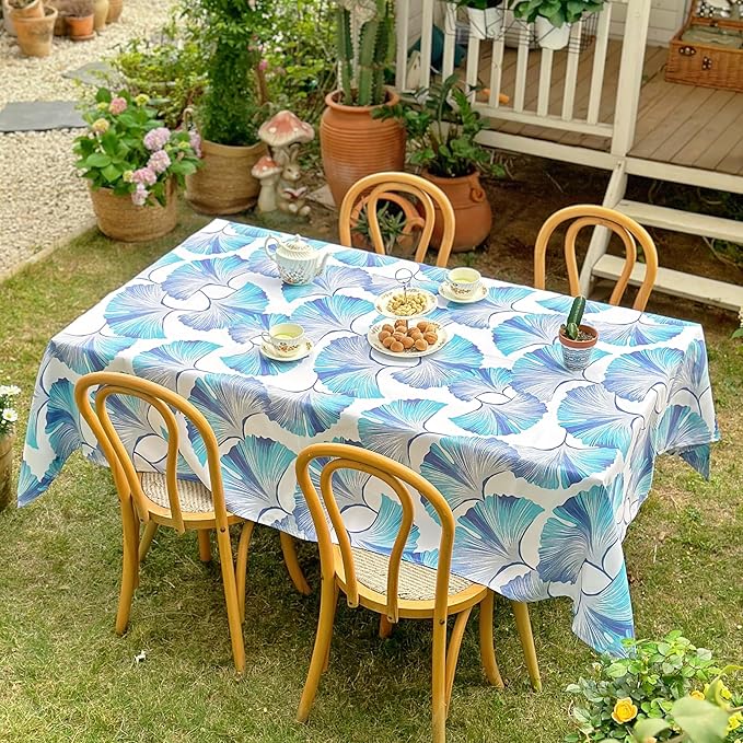 Outdoor Rectangle Tablecloth 60 x 84 Inch, Waterproof Table Cloth, Ginkgo Leaf Printed Pattern Table Cover for Dining, Farmhouse, Party, Easter, Spring Summer, Blue Floral