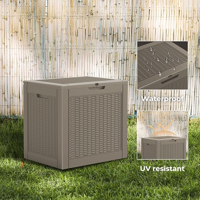 Vixzen 31 Gallon Resin Deck Box - Lockable Outdoor Storage for Patio Cushions, Garden Tools, Pool Supplies，Grey