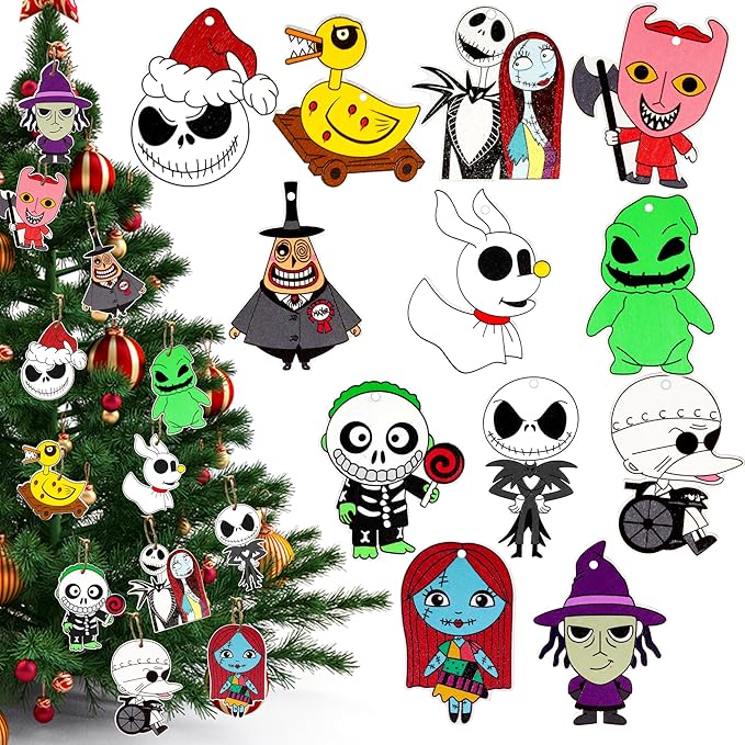 36 PCS Halloween Christmas Night-mare Ornaments Decorations, Halloween Christmas Wooden Hanging Ornaments Set, Night-mare Theme Ornaments for Tree Home Indoor Party Decor