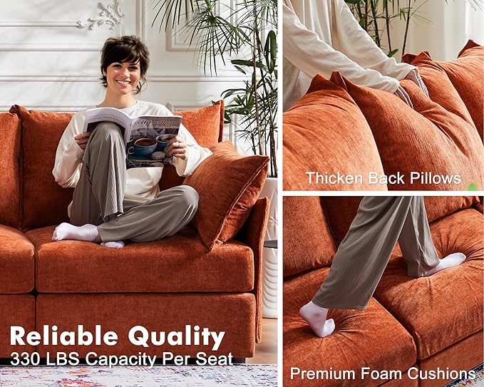 136.4" Oversized Modular Sectional Sleeper Sofa Bed, U Shaped Convertible Couch with Movable Ottoman, Large 8 Seat Corner Couches for Living Room Deep Seat Terracotta Orange Chenille