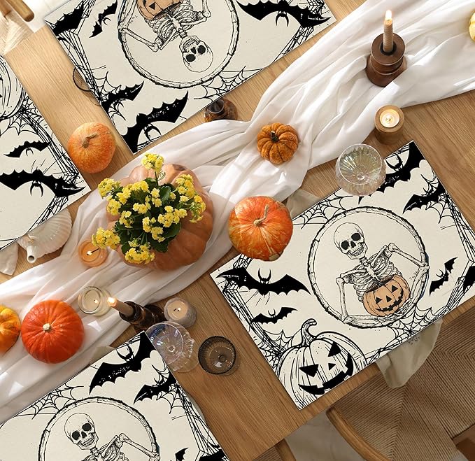 Halloween Skeleton Placemats Set of 4, 12x18 Inch Pumpkin Bats Table Mats, Washable Heat Resistant Place Mats for Kitchen Dining Table, Spooky Themed Decoration for Home-B11