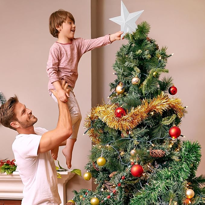 Star Tree Topper, 8" White Christmas Tee Topper Decorations, Glitter 3D Xmas Bethlehem Star Waterproof Shatter-Proof, Christmas Tree Topper Ornament Decor for Christmas Holiday Party Indoor Outdoor