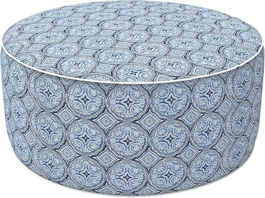 LVTXIII Outdoor Inflatable Ottoman, Fade-Resistant Round Footrest Stool D31”x H14”, Portable Patio Pouf for Garden Camping or Home Use, Medallion Blue