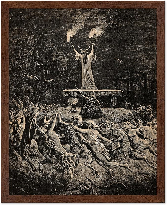 Poster Master Vintage Gustave Dore Poster - Retro Illustration Print - Gift for Gothic, Horror Fan - Dance of Sabbath, Witch, Magic, Spell - Wall Decor for Bedroom, Dorm, 11x14 Brown Framed