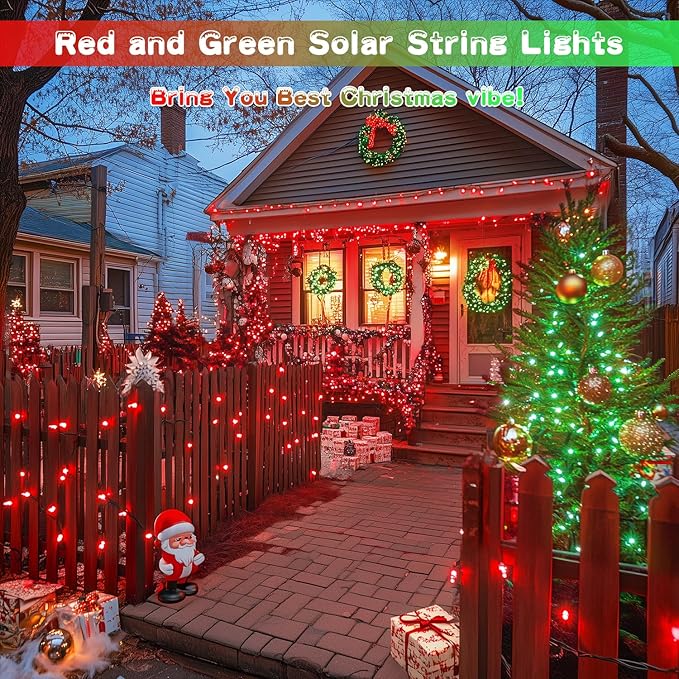 JMEXSUSS Red and Green Solar Christmas Lights Outdoor Waterproof, 2 Pack 100 Led 33ft Color Changing Solar String Lights for Christmas Tree Decor