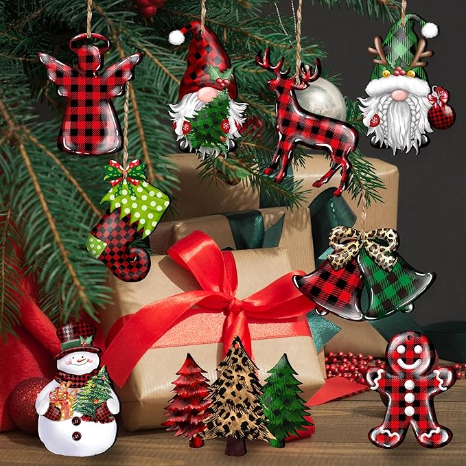 24 Pieces Christmas Wood Ornaments Snowflake Gnome Snowman Truck Wooden Hanging Ornaments Christmas Tree Cutouts Wood Crafts Holiday Decor Xmas Party Supplies (Xmas-Mixed-A)