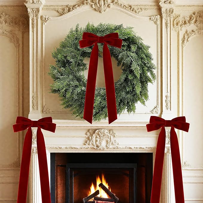 Senjie Velvet Large Christmas Bows for Staircase Garland Wreath, 20in x 8in Vintage Ribbon Bows with Twist Tie for Xmas Tree Holiday Indoor Outdoor Decorations (6Pcs, Burgundy)