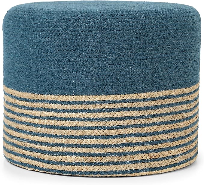 REDEARTH · Cylindrical Pouf Foot Stool Ottoman - Jute Braided Pouffe Poof Accent Sitting Footrest for Living Room, Bedroom, Nursery, Patio, Lounge & Other Rooms (Teal Natural, 18"x18"x14")
