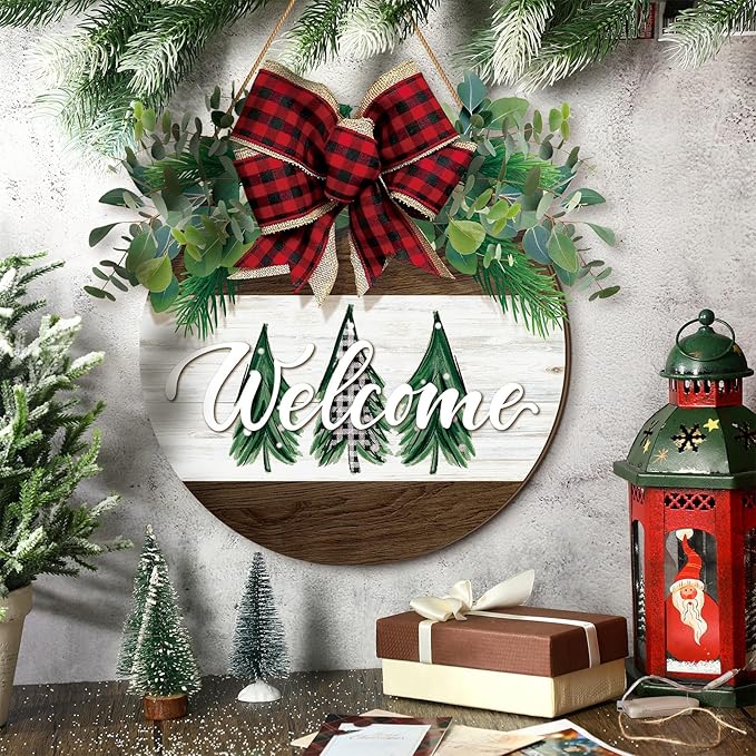 Boao Welcome Door Decoration Christmas Front Door Sign Christmas Tree Wooden Hanger with Bow Wreaths for Xmas Outdoor Farmhouse Porch Decor