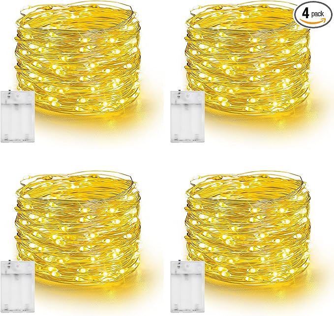 Dazzle Bright Fairy Lights Battery Operated, 4 Pack Total 80FT 240LED Silver Wire Waterproof String Lights, Christmas Decorations for Indoor Outdoor Bedroom Yard Party Decor, Warm White
