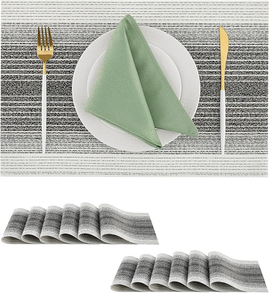 Leetaltree Black with White Woven Placemats Set of 12 - Heat Resistant Non-Slip Place mats for Dining Table, Washable Durable PVC Vinyl Woven Table Mats(Black with White, 12)