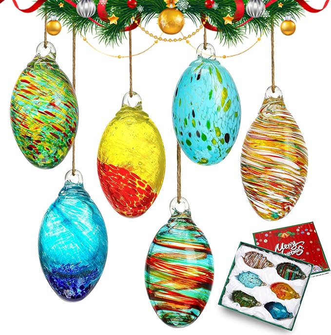 Set of 6 Hand Blown Glass Egg Ornaments Hanging Gazing Ball Witches Ball Friendship Decor for Home Outdoor Wedding Party