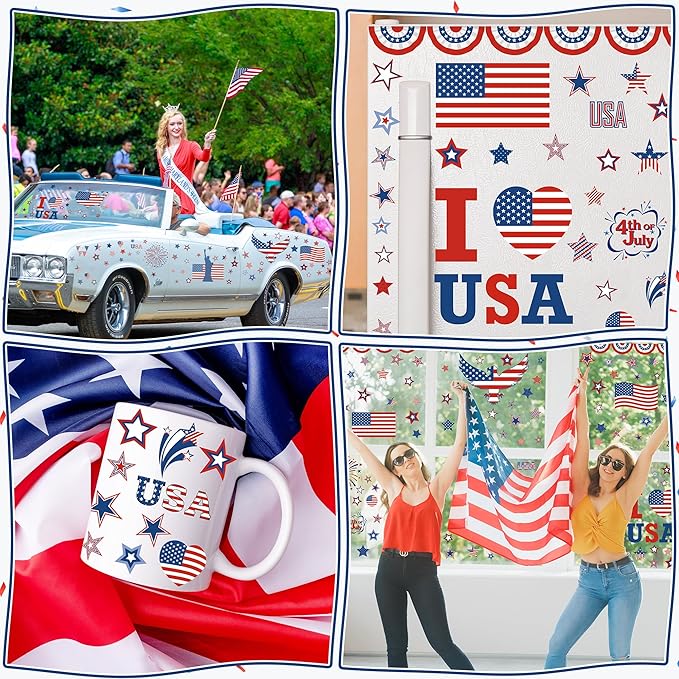 158 Pcs 4th of July Window Clings, 9 Sheets Patriotic Window Clings Decals, Watercolor Double-Sided American Flag Stars Firework Window Stickers for Independence Day Parade Veterans Memorial Day Decor