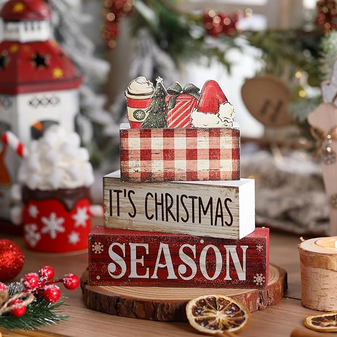 4 Pcs Wooden Christmas Tabletop Decor Xmas Tiered Tray Decor Winter Centerpiece Decorative Santa Hat Hot Cocoa Gift Box Tree Block Signs Gift Farmhouse Table Decoration for Home Kitchen