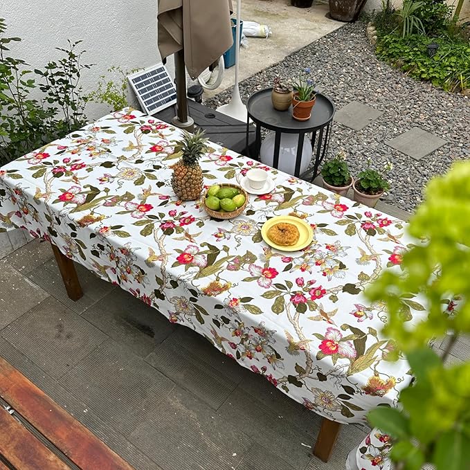 Rectangle Outdoor Tablecloth, Waterproof Table Cloth, Bird Floral Pattern Decorative Fabric Table Cover for Farmhouse, Dining, Picnic, Party, Easter, 60 x 84 Inch, Red Flower