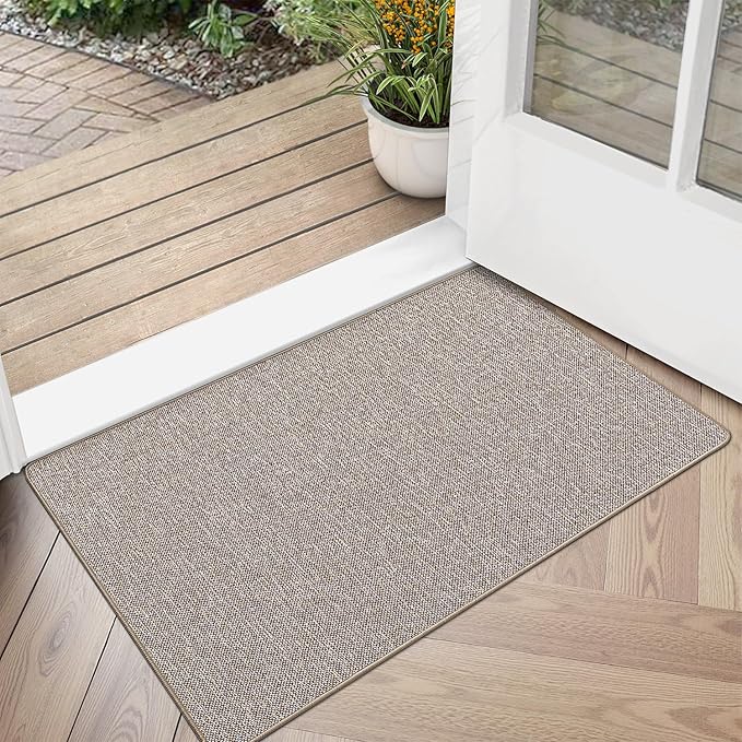 LUMI Ultra Thin Door Mat for Entryway, Low Profile Non Slip Rubber Backing Indoor Doormat, Easy Clean Welcome Entrance Mat for Inside House, Patio, Khaki 20"x32"