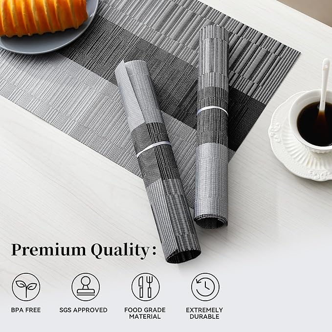 Leetaltree Grey with White Striped Placemats Set of 8 - Heat Resistant Non-Slip Place mats for Dining Table, Washable Durable PVC Vinyl Woven Table Mats（Grey Stripe, 8）