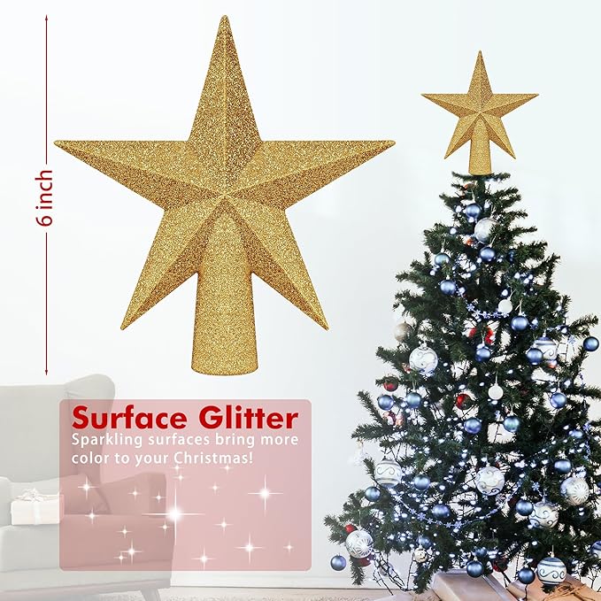 Christmas Tree Topper, 1PCS 6" Gold Glitter Star Tree Topper, 3D Xmas Shatter-Proof Mini Bethlehem Star Tree Topper Decorations, Waterproof Christmas Decor for Holiday Home Outdoor Ornament