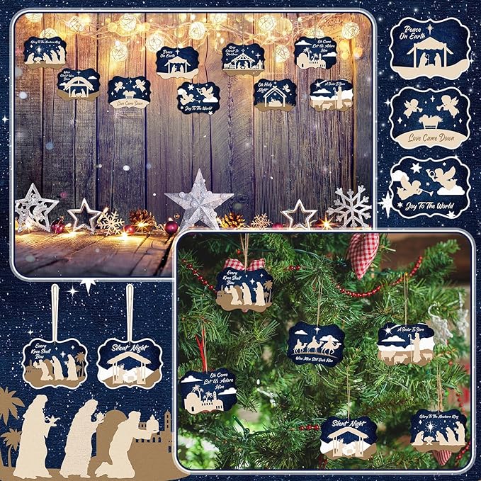 Soaoo 60 Pcs Nativity Scene Christmas Tree Ornament Christian Religious Ornaments Bulk Round Nativity Xmas Tree Hanging Wooden Decorations for Garden Yard Outdoor Home (Square Style)
