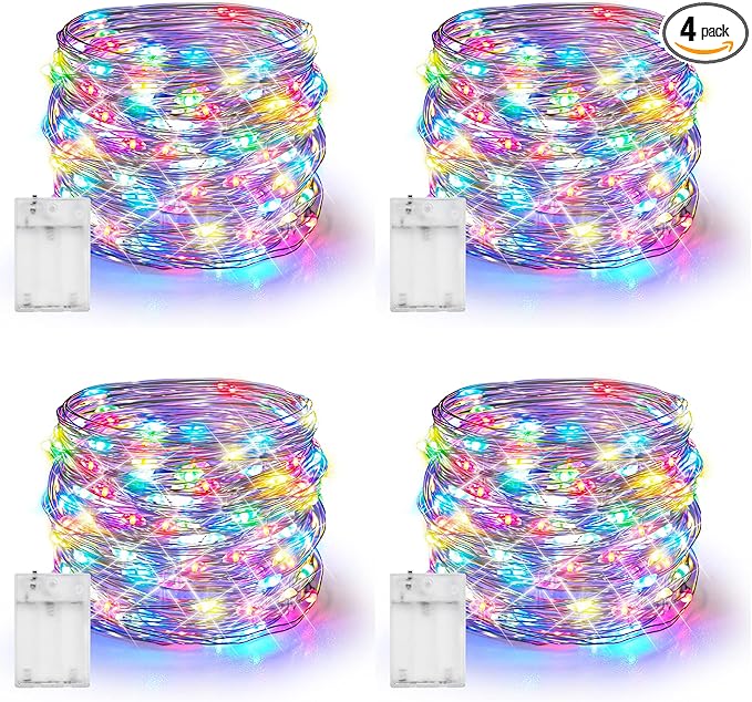 Dazzle Bright Fairy Lights Battery Operated, 4 Pack Total 80FT 240LED Silver Wire Waterproof String Lights, Christmas Decorations for Indoor Outdoor Bedroom Yard Decor, Multi-Colored