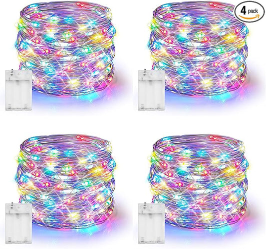 Dazzle Bright Fairy Lights Battery Operated, 4 Pack Total 80FT 240LED Silver Wire Waterproof String Lights, Christmas Decorations for Indoor Outdoor Bedroom Yard Decor, Multi-Colored