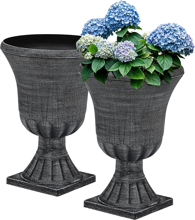 22" Large Urn Planters for Outdoor Plants, Set of 2 Plastic Flower Pot with Handmade Washed Black Finish, Weather-Resistant for Porch, Garden, Patio or Indoor Use