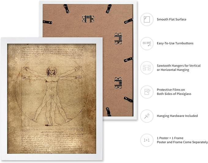 Poster Master Classic Leonardo Da Vinci Poster - Vintage Renaissance Print - Gift for Artist, Friend - Vitruvian Man, Proportion, Symmetry, Human Body - Wall Decor for Office, 11x14 White Framed